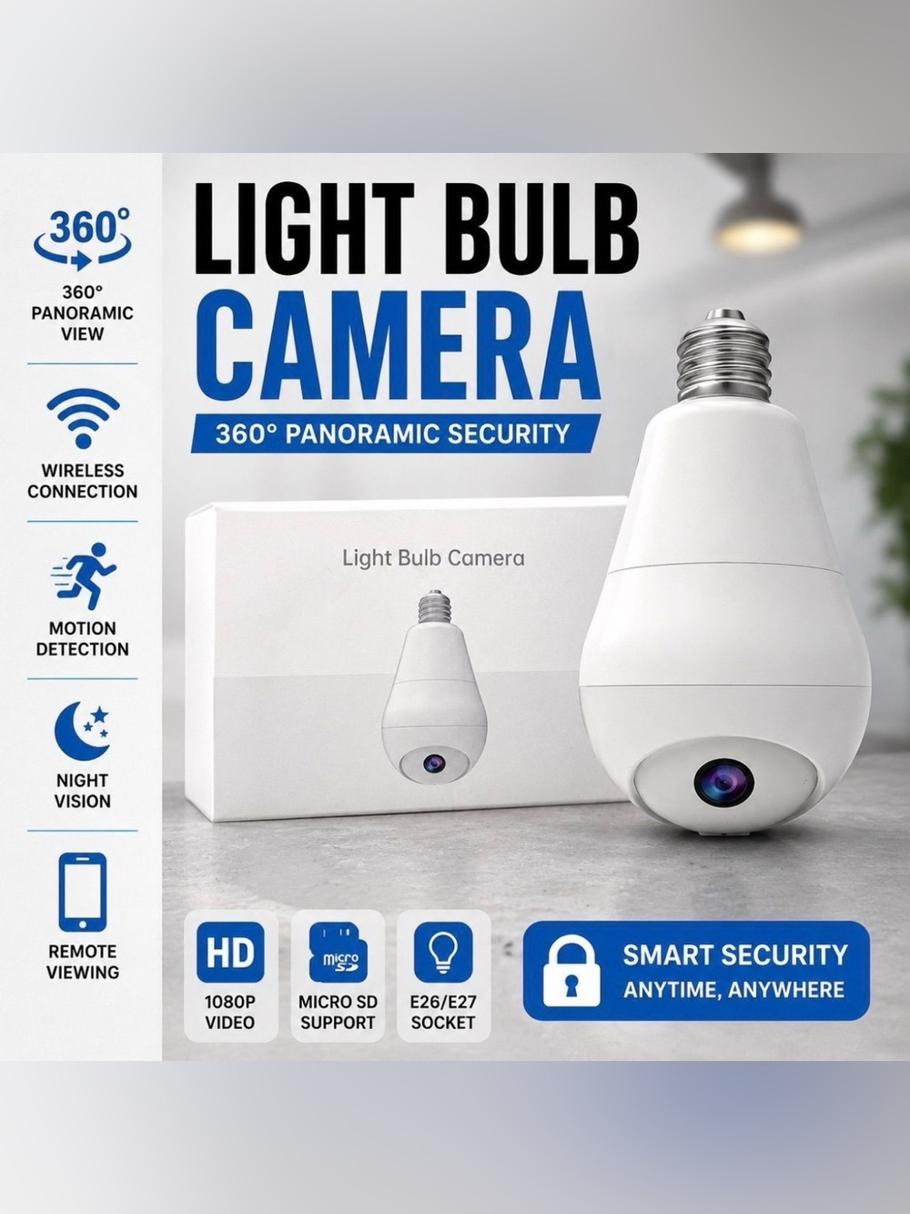 Light Bulb Security Camera - 360° Panoramic White Camera